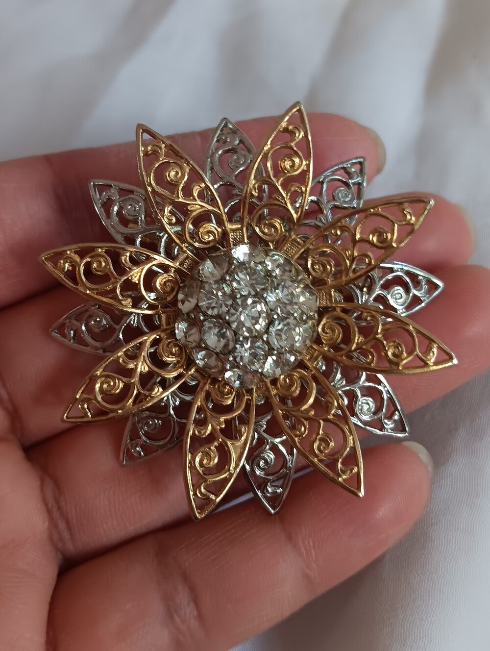 Gold & Silver Crystal Flower Brooch - Beautiful.